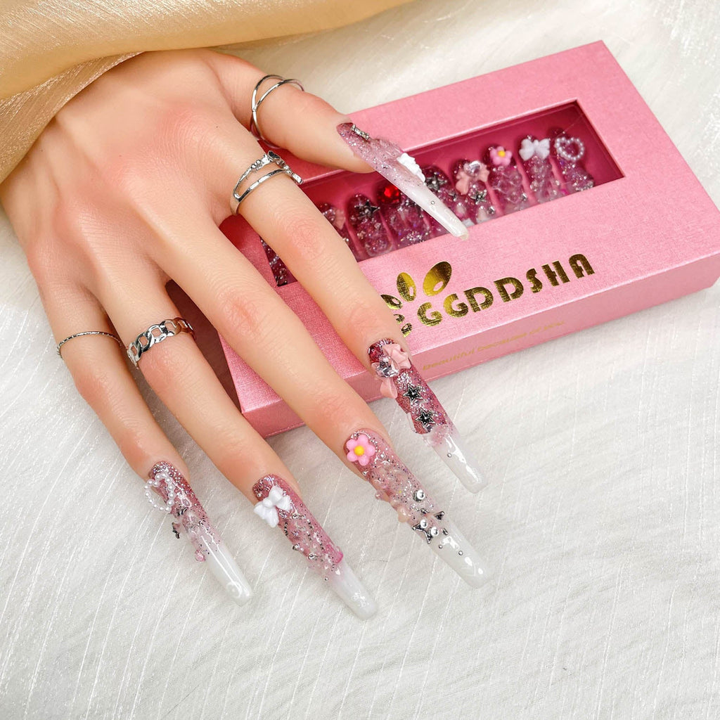Gddsha 2025 10PCS Long Novel Design And Reusable Handmade Nails 10PCS Pmma Acrylic Nails Press OnNails Kit With Box Gifts For Women,Pink Mirage