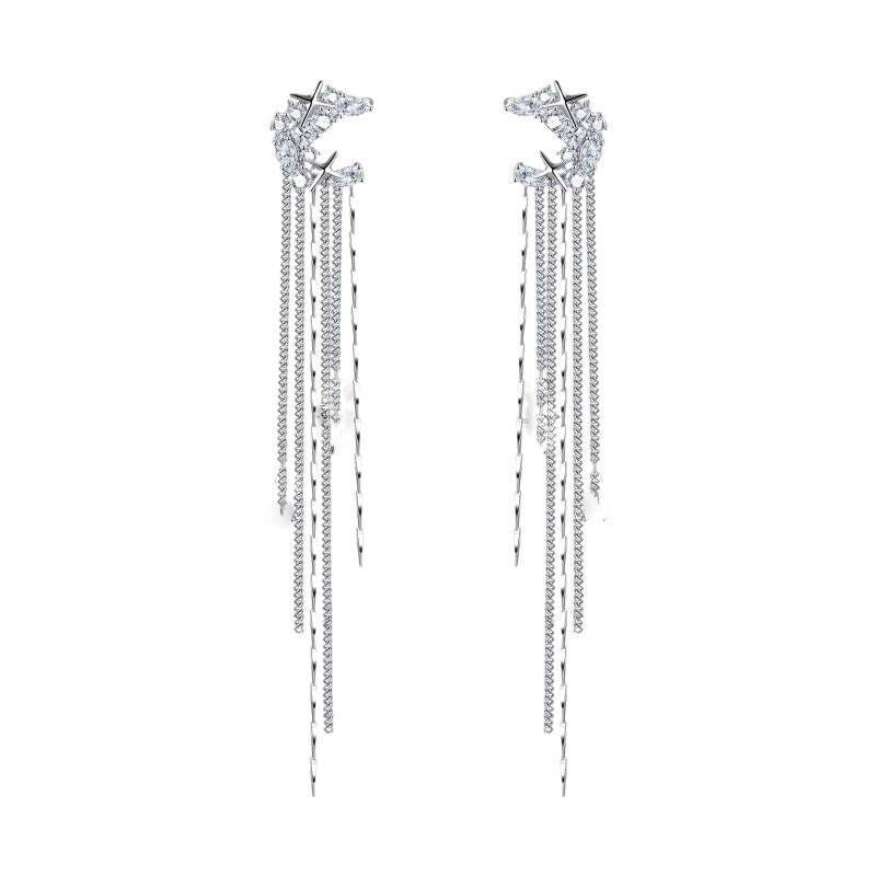 Moon Zircon Long Tassel Chain Earrings Without Ear Holes Small And Elegant Design