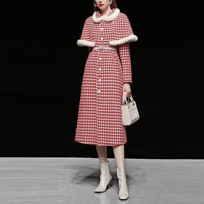 Waisted Thousand Bird Plaid Cloth Coat Wool Coat