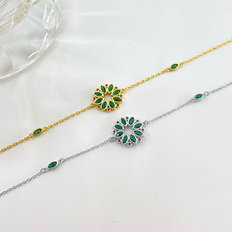 Sterling Silver Luxury High-End Diamond-Inlaid Floral Bracelet