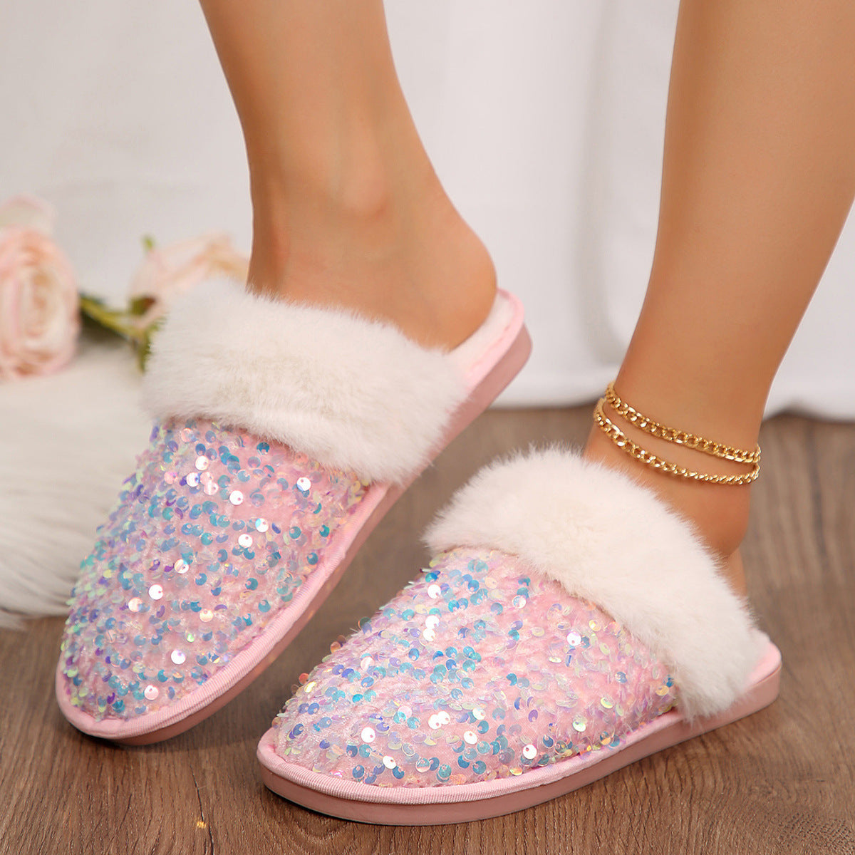 Sequin Flat Plush Slippers For Women