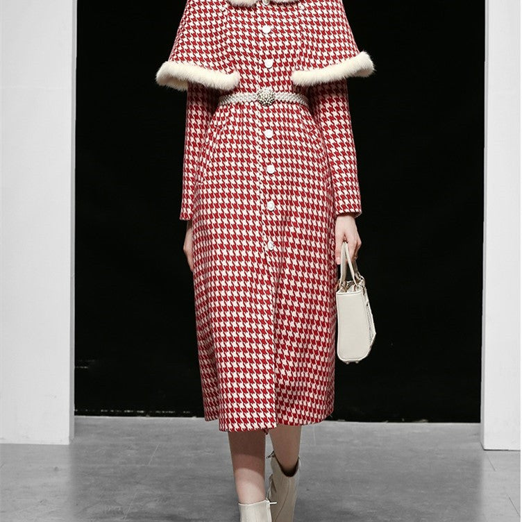 Waisted Thousand Bird Plaid Cloth Coat Wool Coat