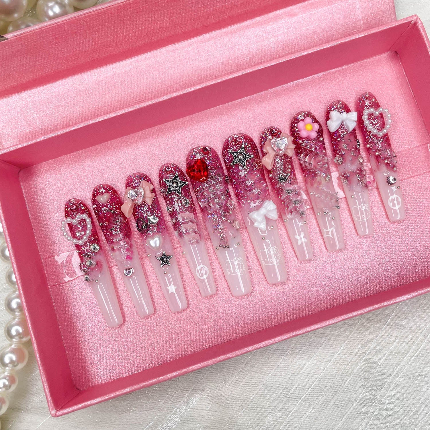 Gddsha 2025 10PCS Long Novel Design And Reusable Handmade Nails 10PCS Pmma Acrylic Nails Press OnNails Kit With Box Gifts For Women,Pink Mirage