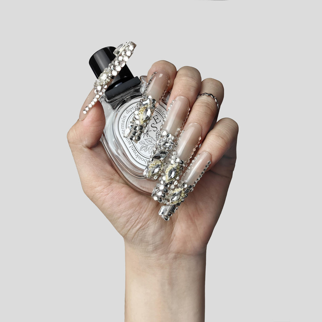 GGddsha 2024 New PMMA Acrylic Press On Nails StunningBling Nails, Rhinestone Fake Nails, Glitter Rhinestone NailsGradient Fake NailsCrystal Cascade