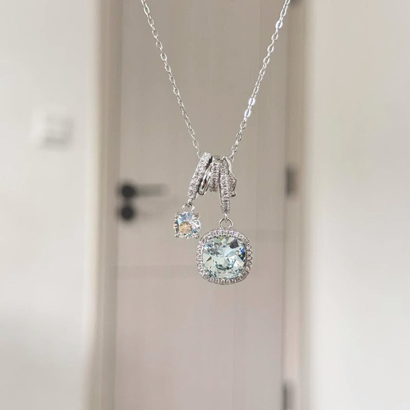 S925 Pure Silver Ice-clear Sea Blue Square Zircon Necklace