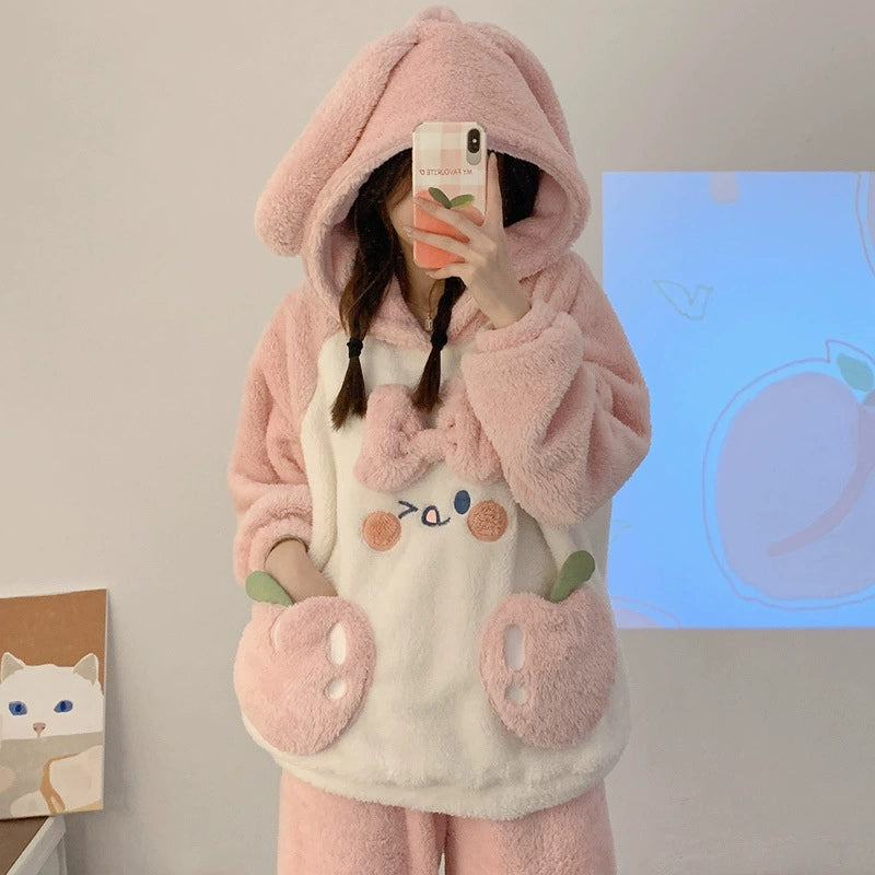 Women's Autumn And Winter Coral Fleece Thickened Winter Hooded Pajamas Plush Suit