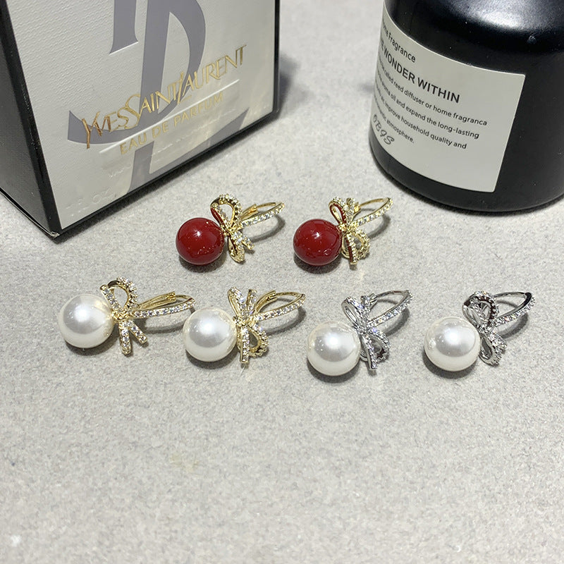 Micro-pave Zircon Bow Pearl Earrings For Women