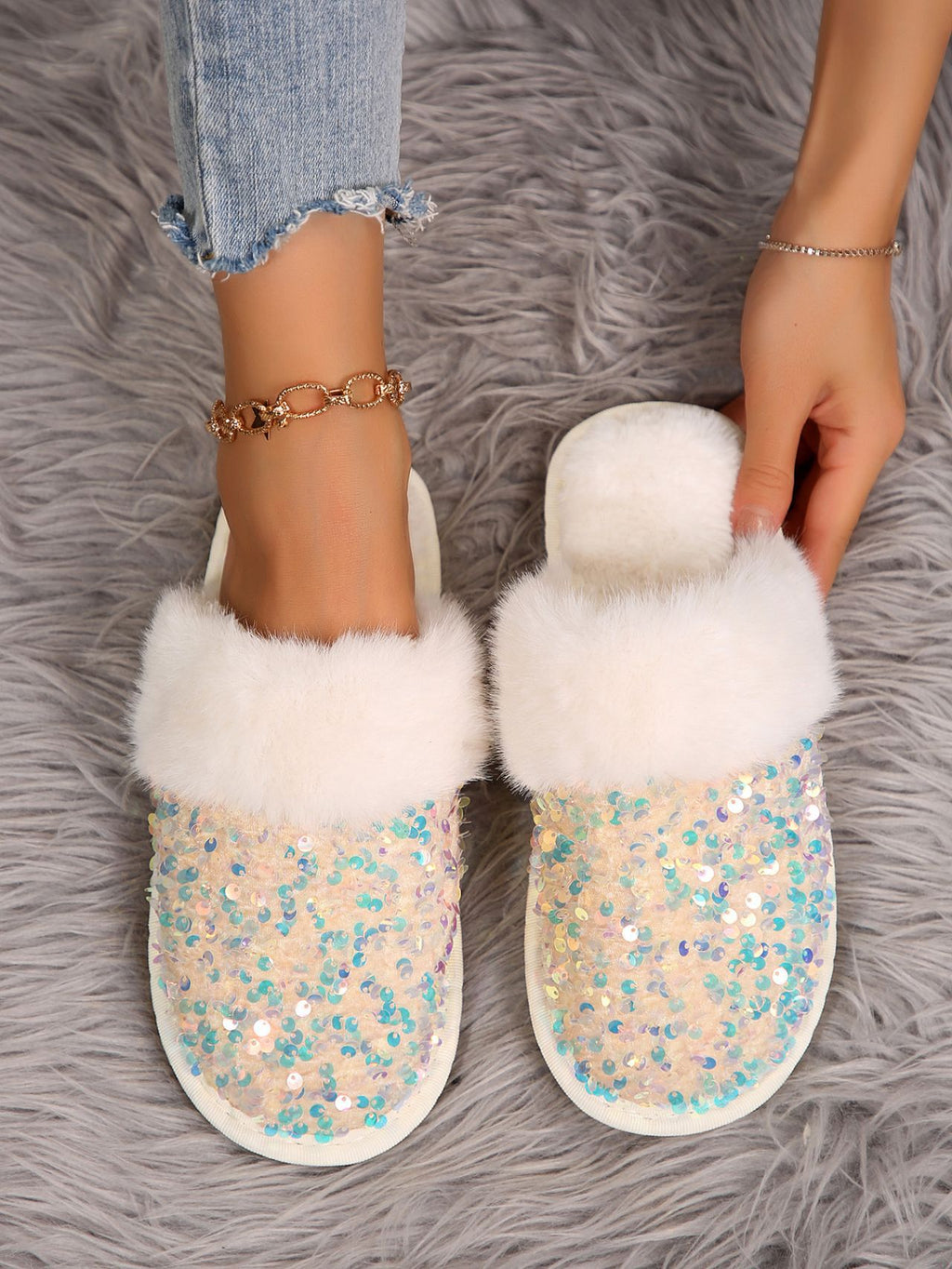 Sequin Flat Plush Slippers For Women
