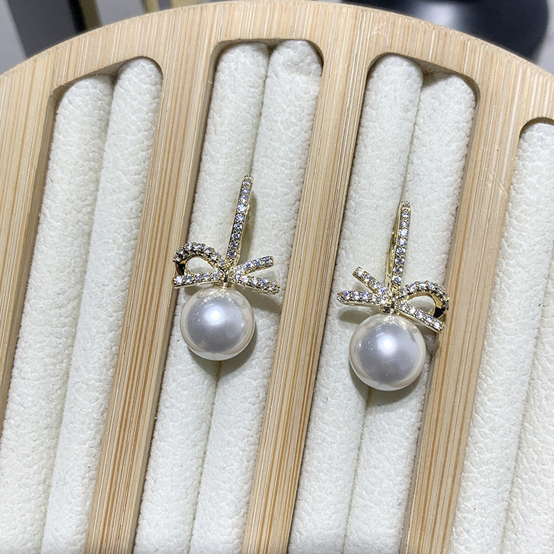 Micro-pave Zircon Bow Pearl Earrings For Women