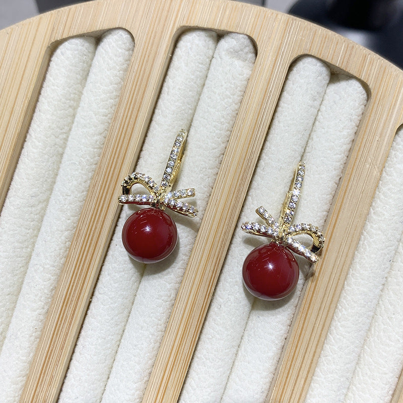 Micro-pave Zircon Bow Pearl Earrings For Women