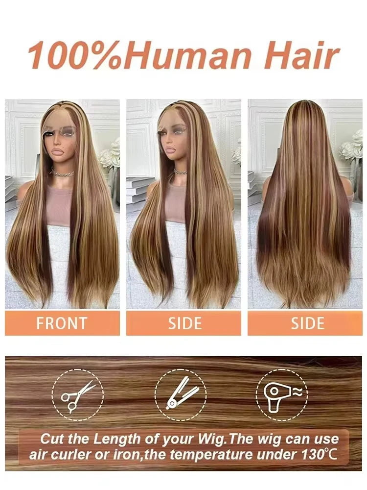 30 40 Inch 4/27 Ombre Brown Highlight 13x6 HD Lace Front Human Hair Wig High Density Bone Straight Colored Lace Frontal Wig