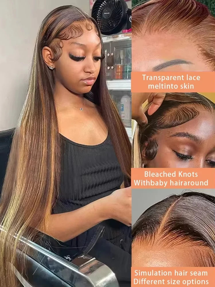 30 40 Inch 4/27 Ombre Brown Highlight 13x6 HD Lace Front Human Hair Wig High Density Bone Straight Colored Lace Frontal Wig