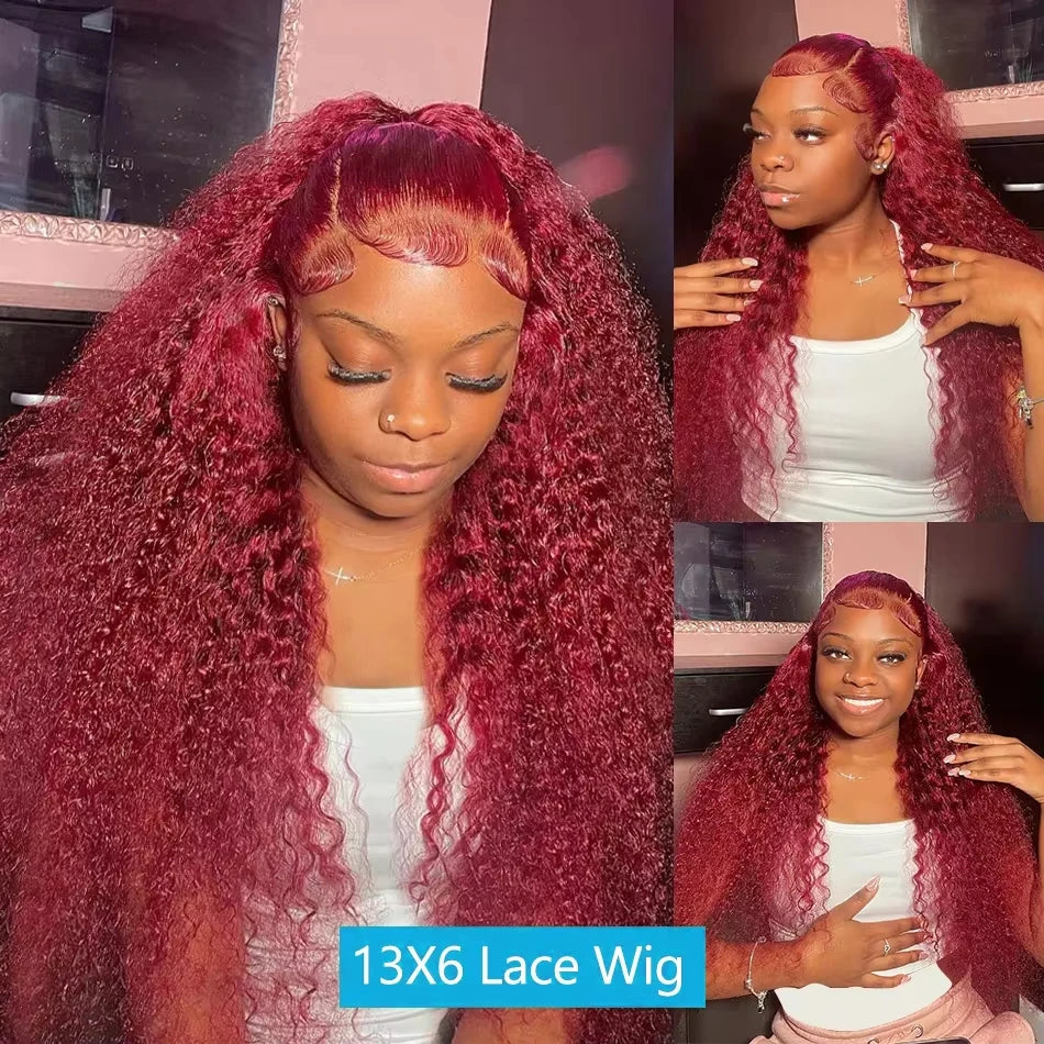 13x6 Hd Lace Front Human Hair Wig Curly Burgundy Wig Red Wigs 40 Inch Transparent Lace Deep Wave Frontal Wig 99j 200 Density