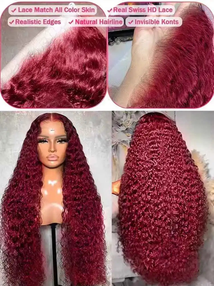 99J Burgundy 250 Density 13x4 HD Lace Front Wigs Human Hair Red Wine 30 Inch Deep Wave Brazilian Curly Glueless Lace Frontal Wig