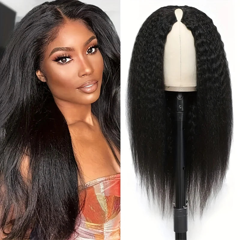 Kinky Straight V Part Wig Glueless Human Hair Wig for Women Natural Black Color No Leave Out Yaki Straight Hair Wig 250% Density