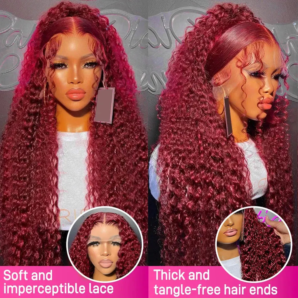 99J Burgundy 250 Density 13x4 HD Lace Front Wigs Human Hair Red Wine 30 Inch Deep Wave Brazilian Curly Glueless Lace Frontal Wig