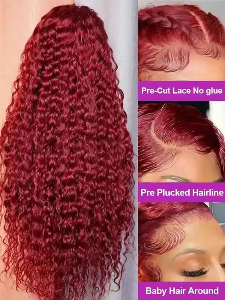 99J Burgundy 250 Density 13x4 HD Lace Front Wigs Human Hair Red Wine 30 Inch Deep Wave Brazilian Curly Glueless Lace Frontal Wig