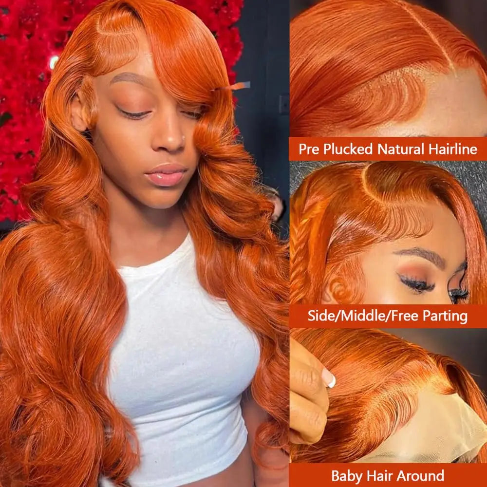 Ginger Orange 36 Inch Lace Front Wigs Human Hair Body Wave 13x6 HD Lace Front Wig Human Hair 180% Density Pre Plucked Remy Hair
