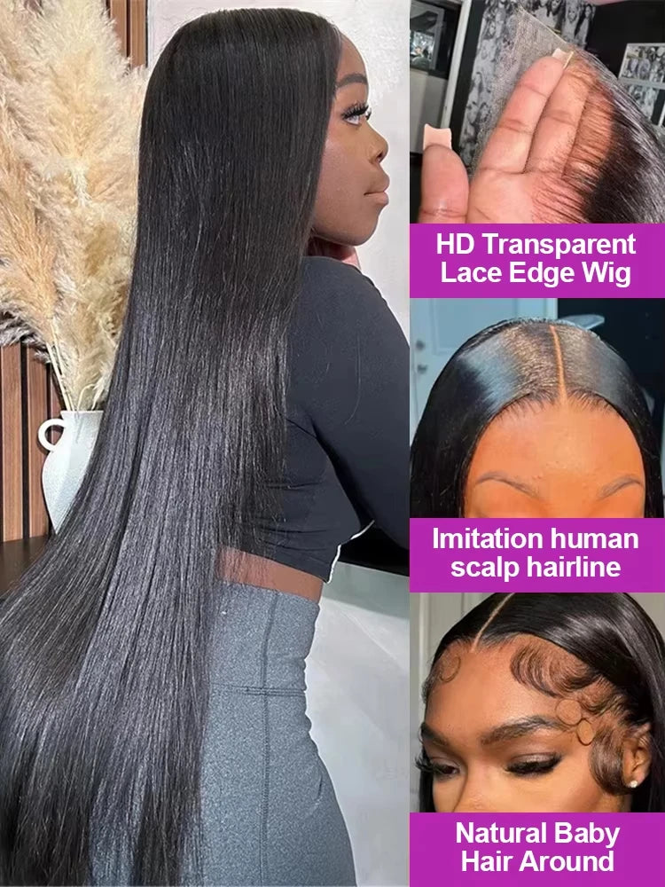 220 Density Bone Straight Human Hair Wigs 40 Inch 13x6 Hd Transparent Lace Front 100% Human Hair Lace Frontal Natural Black Wig