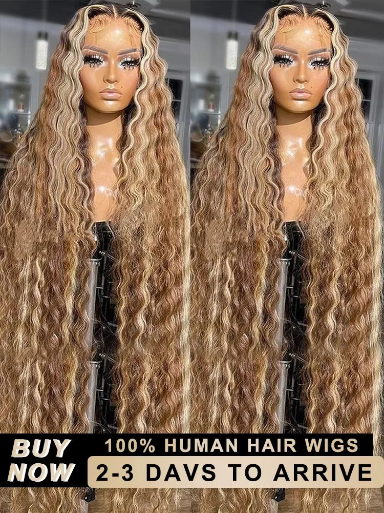 38 40 Inch Curly Wigs Deep Wave HD Lace Front Wig Colored Brazilian Highlight Ombre 13x6 Lace Frontal Wig Human Hair For Women