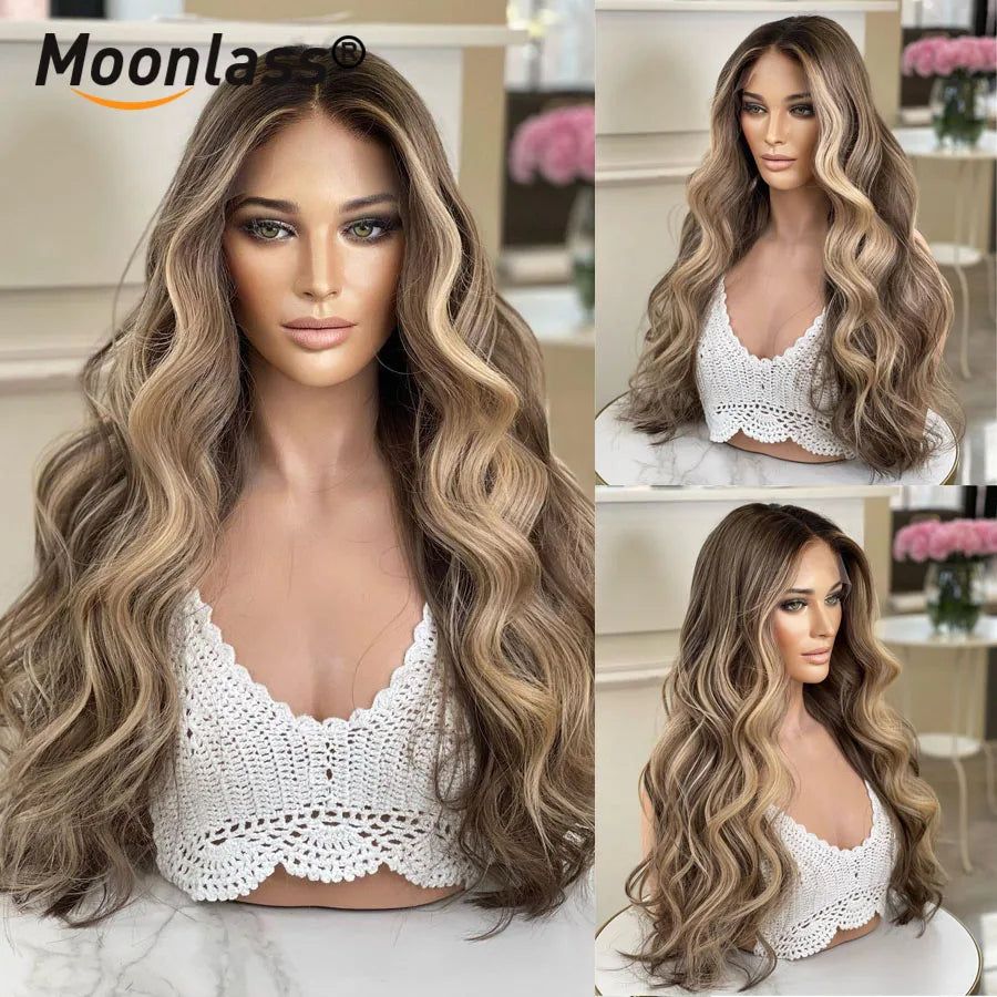 Ash Blonde Body Wave Wigs Human Hair Glueless 150 Density Remy Preplucked Highlight Brown Human Hair Wig 13x6 Lace Frontal Wigs