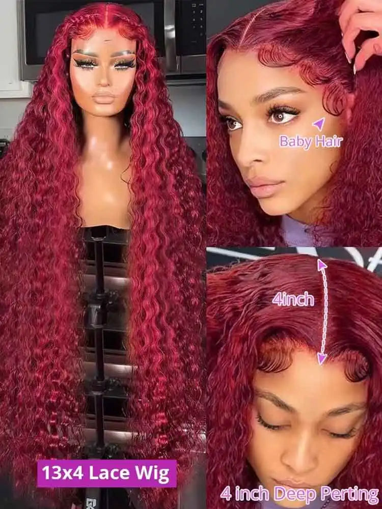 99J Burgundy 250 Density 13x4 HD Lace Front Wigs Human Hair Red Wine 30 Inch Deep Wave Brazilian Curly Glueless Lace Frontal Wig