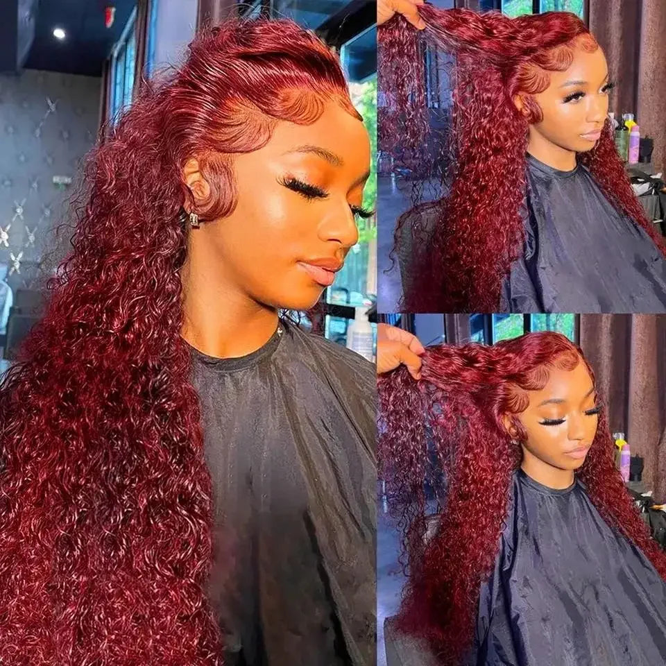 13x6 Hd Lace Front Human Hair Wig Curly Burgundy Wig Red Wigs 40 Inch Transparent Lace Deep Wave Frontal Wig 99j 200 Density