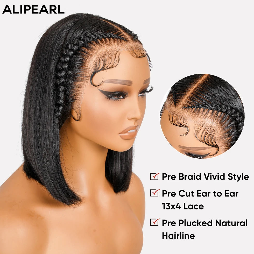 Alipearl Hair Pre Braided Pre Cut Lace Bob Wig Straight Human Hair 13x4 Lace Front Hair 250% Density Bob Wig