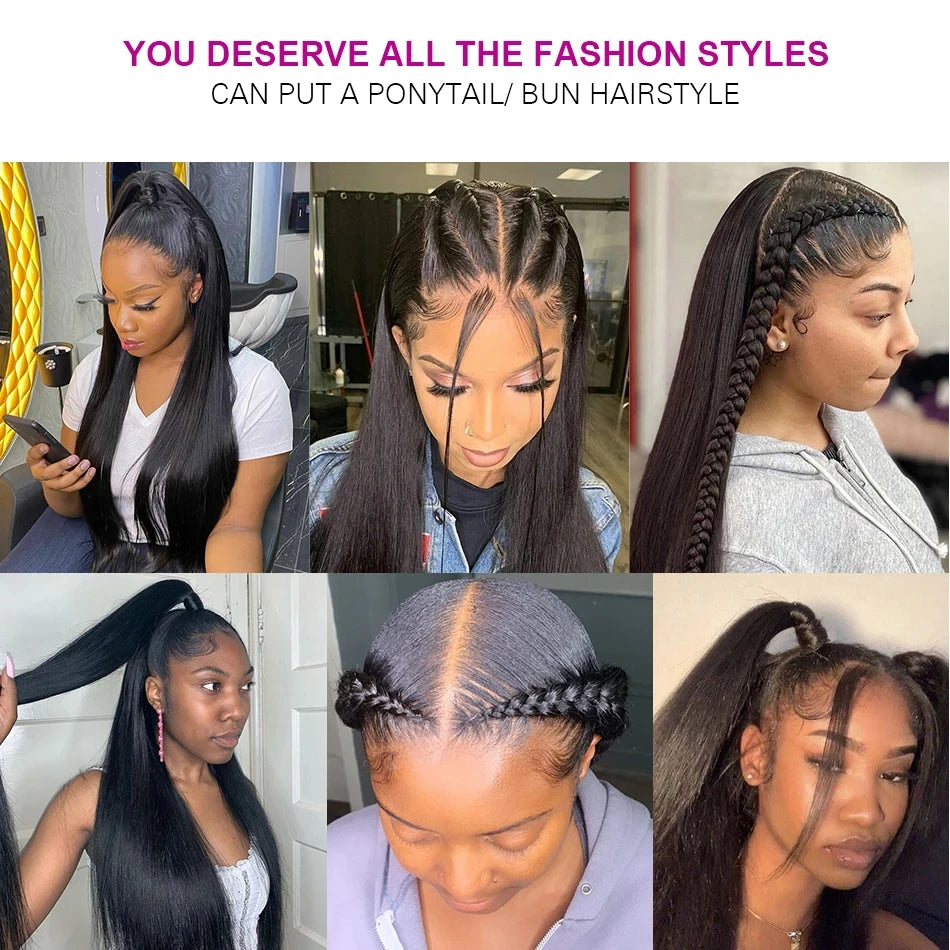 220 Density Bone Straight Human Hair Wigs 40 Inch 13x6 Hd Transparent Lace Front 100% Human Hair Lace Frontal Natural Black Wig