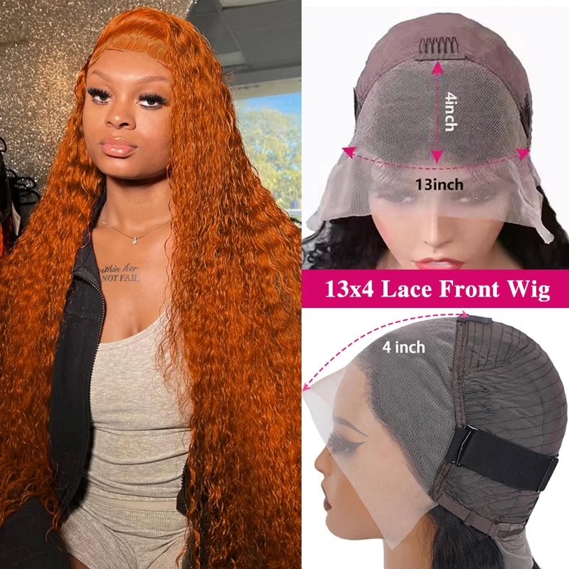 Orange Ginger Lace Front Wig Human Hair 13x6 Deep Wave Lace Front Wigs 38 Inch Water Wave Human Hair Wig Pre Plucked Curly Wigs