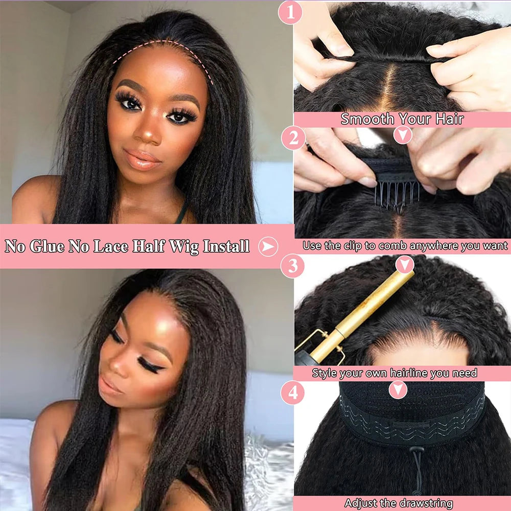 250 Density Kinky Straight Half Wigs Human Hair Wig Human Hair Ready to Wear 3 IN 1 Half Wig Drawstring Yaki Half Wig Human Hair