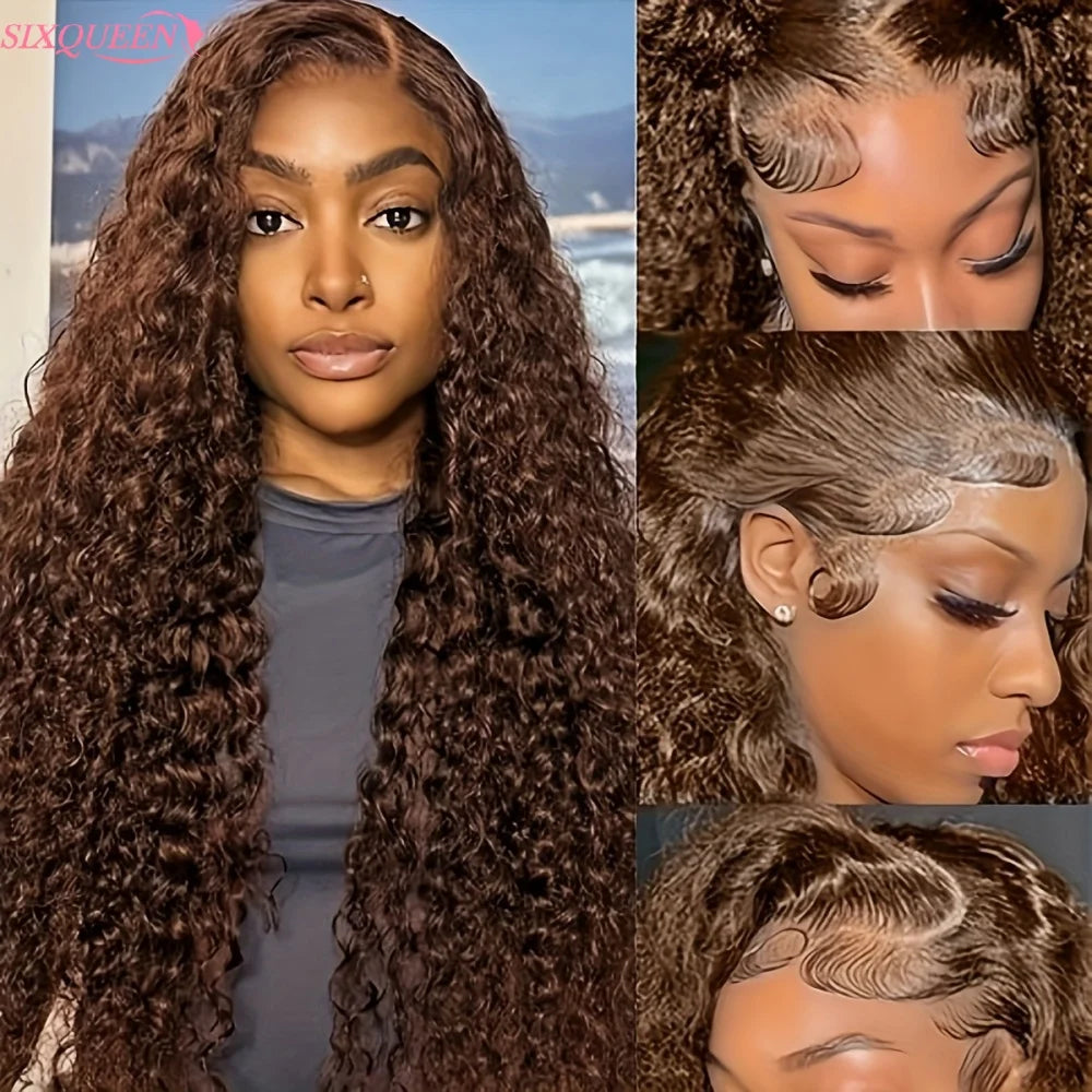 Deep Wave Chocolate Brown Lace Front Wig Wig Human Hair Water Wave 13x6 220% Density Curly Wig Human Hair Brown Wigs Pre Plucked