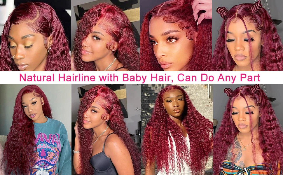 99J Burgundy 250% Density 13x6 Kink Curly Human Hair Wig13x4 Deep Wave HD Lace Frontal Wig Human Hair  For Women Human Hair Wigs