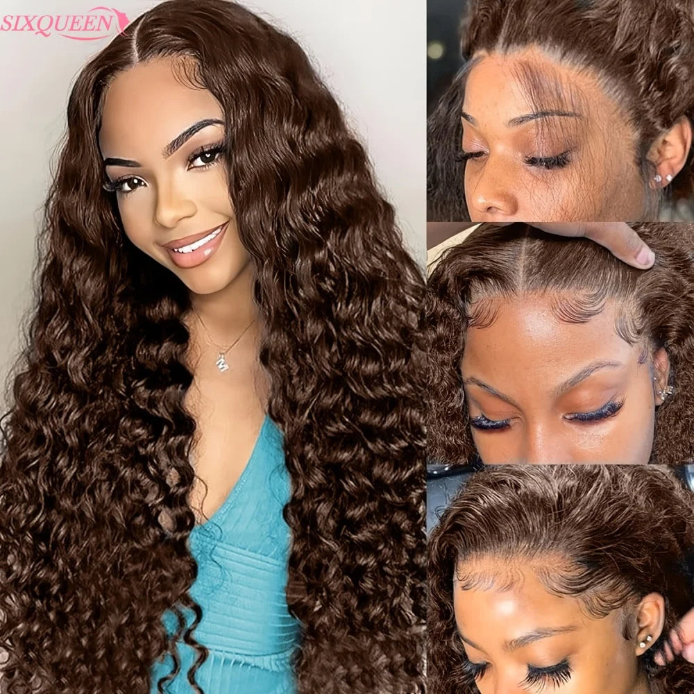 Deep Wave Chocolate Brown Lace Front Wig Wig Human Hair Water Wave 13x6 220% Density Curly Wig Human Hair Brown Wigs Pre Plucked