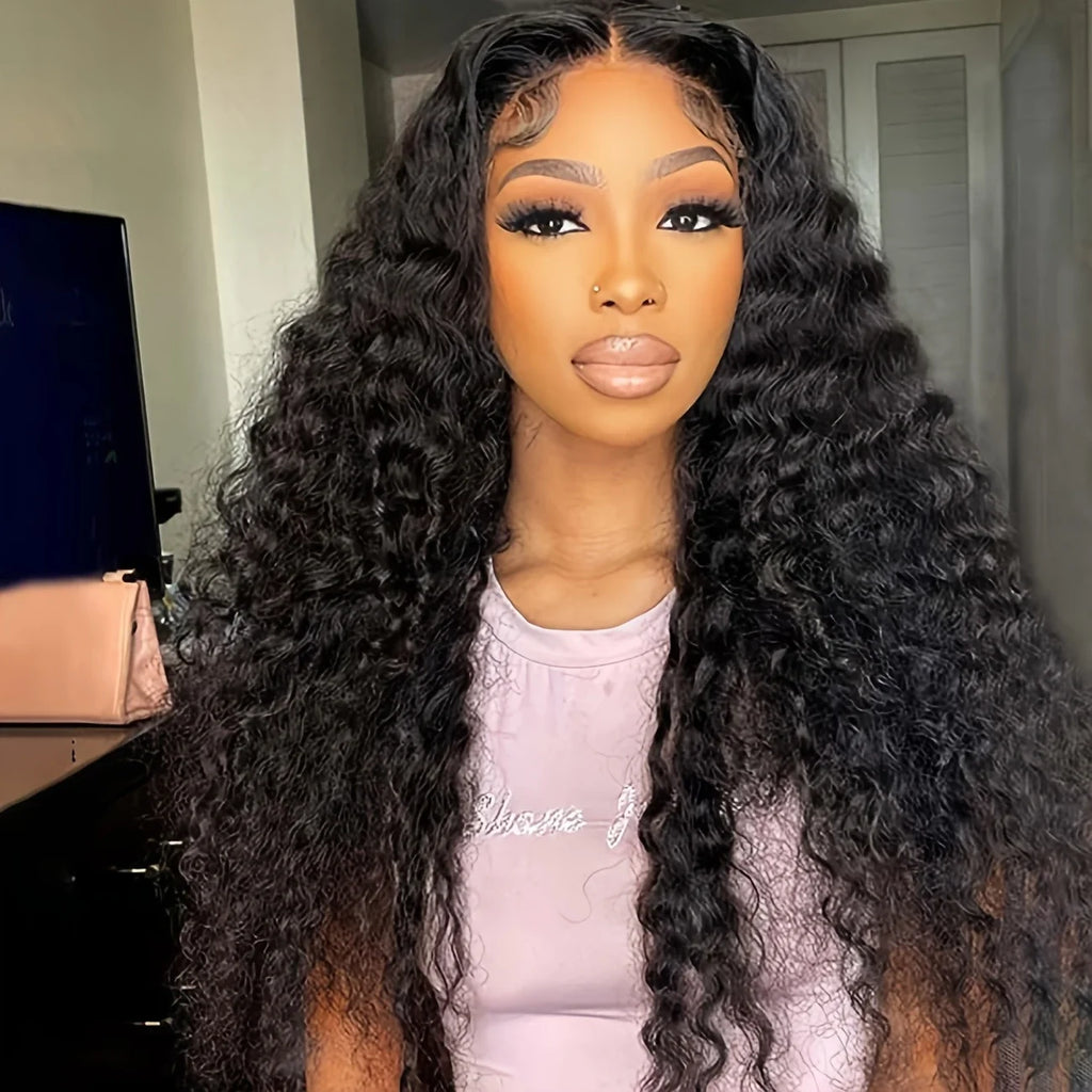 Human Hair Deep Wigs 44 46 inch 13x6 HD Transparent Lace Front PrePlucked Brazilian Deep Wave Lace Frontal Wig with deep Hair