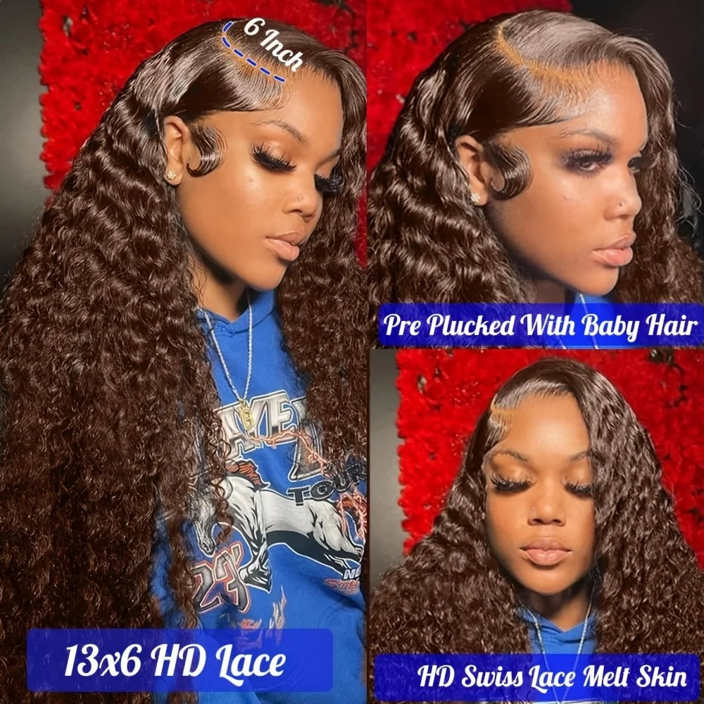 Deep Wave Chocolate Brown Lace Front Wig Wig Human Hair Water Wave 13x6 220% Density Curly Wig Human Hair Brown Wigs Pre Plucked