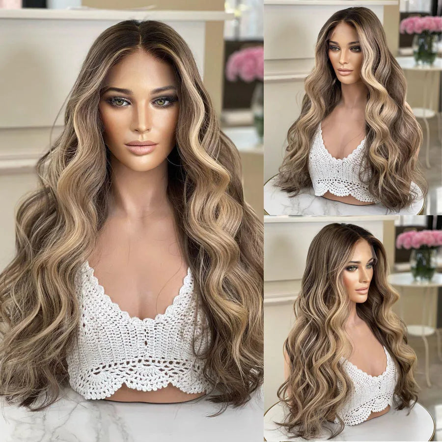 Ash Blonde Body Wave Wigs Human Hair Glueless 150 Density Remy Preplucked Highlight Brown Human Hair Wig 13x6 Lace Frontal Wigs