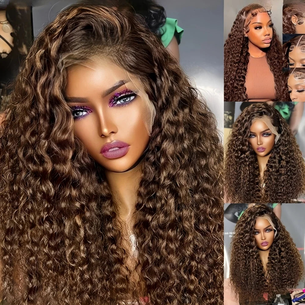 Deep Wave Chocolate Brown Lace Front Wig Wig Human Hair Water Wave 13x6 220% Density Curly Wig Human Hair Brown Wigs Pre Plucked