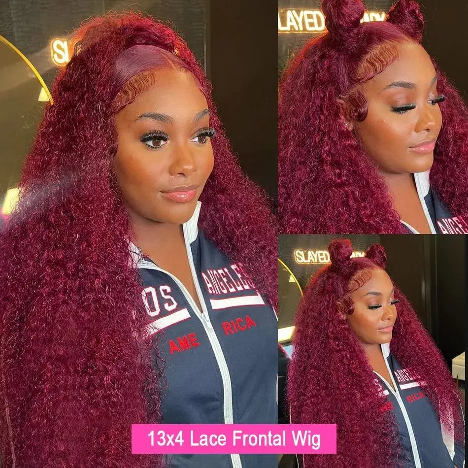 250% Density 99j Burgundy Kinky Curly Wig Human Hair  13x4 13x6 Full Frontal Lace Preplucked Colored Deep Wave Human Hair Wig