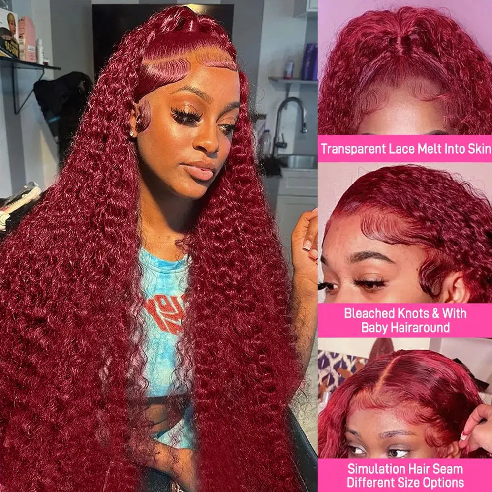 99J Burgundy 250 Density 13x4 HD Lace Front Wigs Human Hair Red Wine 30 Inch Deep Wave Brazilian Curly Glueless Lace Frontal Wig