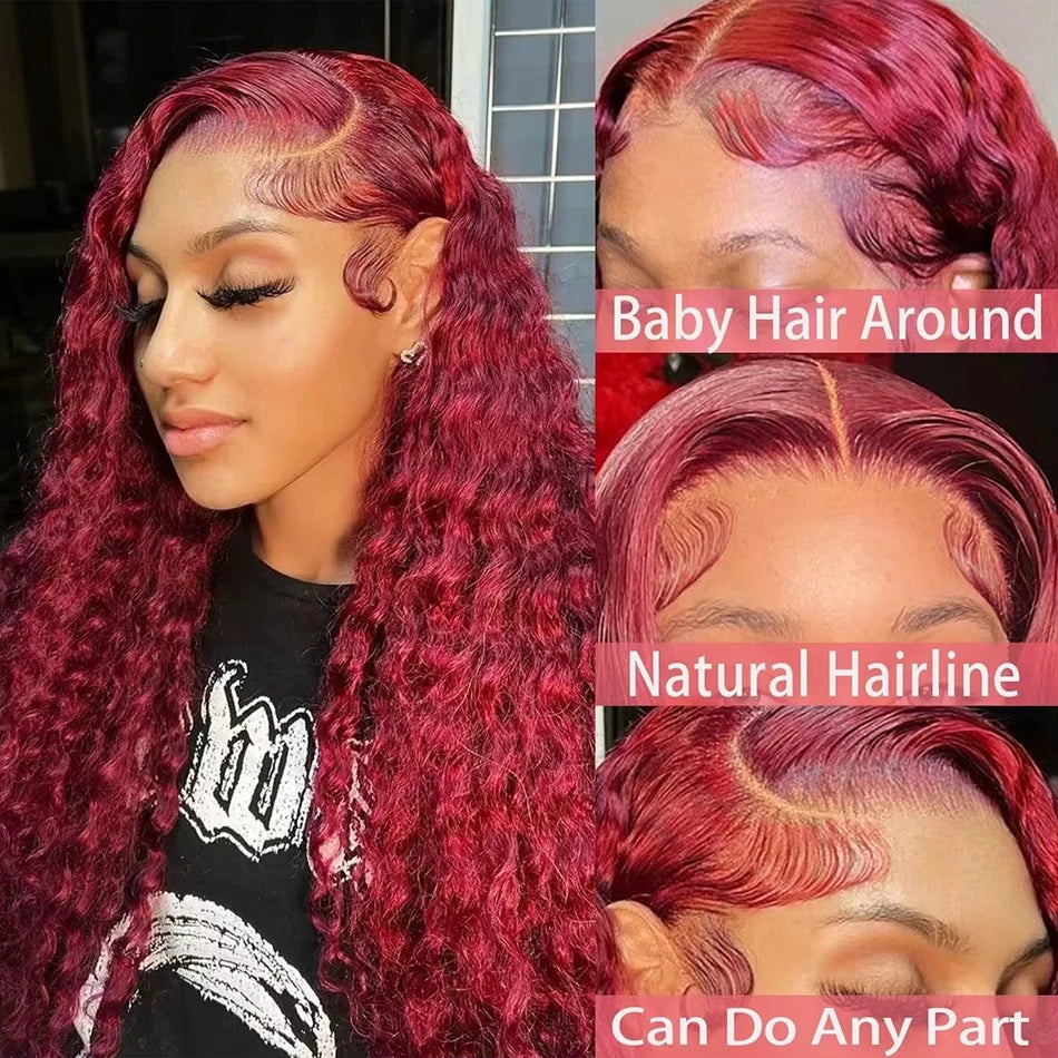 13x6 Hd Lace Front Human Hair Wig Curly Burgundy Wig Red Wigs 40 Inch Transparent Lace Deep Wave Frontal Wig 99j 200 Density