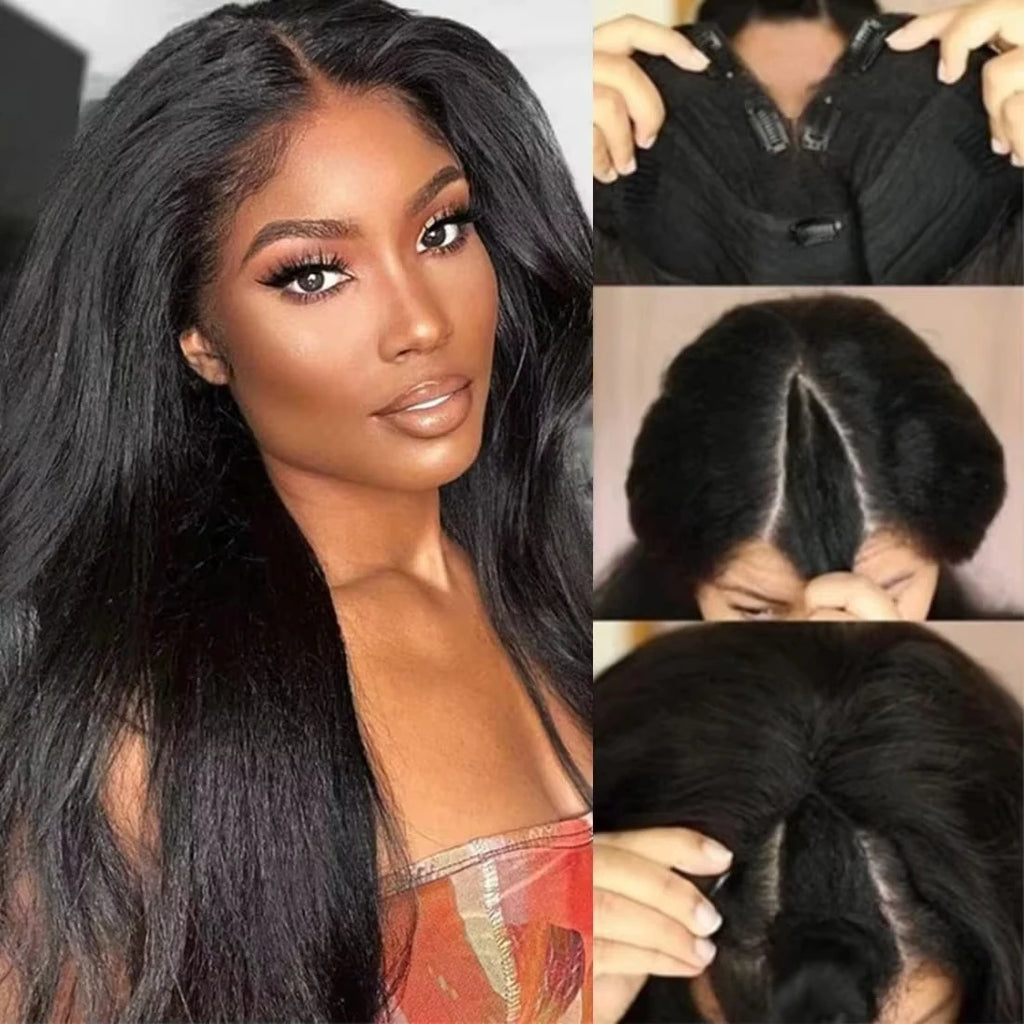 Lafino Wig 250 Density Kinky Straight 360 Lace Front Wig Human Hair invisi strap Yaki Straight V Part Wig  Human Hair Brazilian