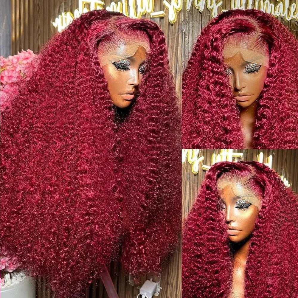 99J Burgundy 250 Density 13x4 HD Lace Front Wigs Human Hair Red Wine 30 Inch Deep Wave Brazilian Curly Glueless Lace Frontal Wig