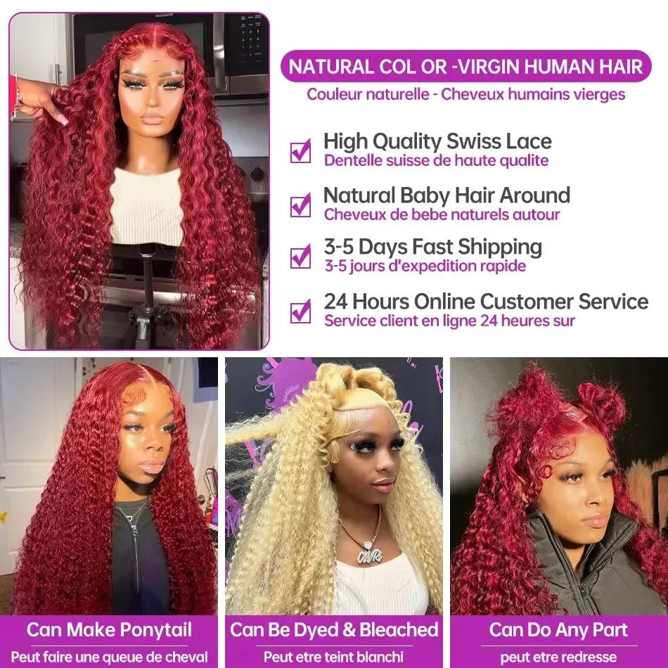 13x6 Hd Lace Front Human Hair Wig Curly Burgundy Wig Red Wigs 40 Inch Transparent Lace Deep Wave Frontal Wig 99j 200 Density