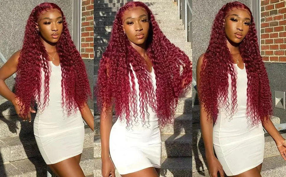 13x6 Hd Lace Front Human Hair Wig Curly Burgundy Wig Red Wigs 40 Inch Transparent Lace Deep Wave Frontal Wig 99j 200 Density