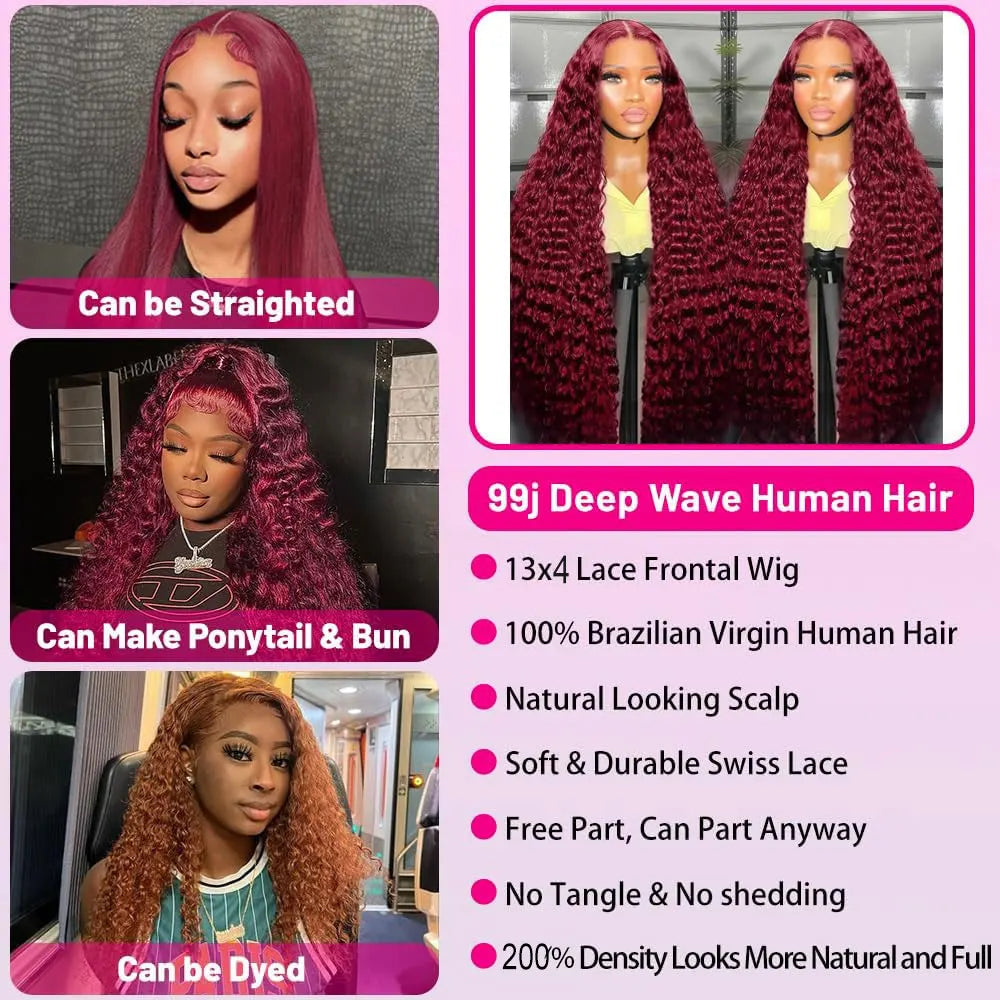 99J Burgundy 250 Density 13x4 HD Lace Front Wigs Human Hair Red Wine 30 Inch Deep Wave Brazilian Curly Glueless Lace Frontal Wig