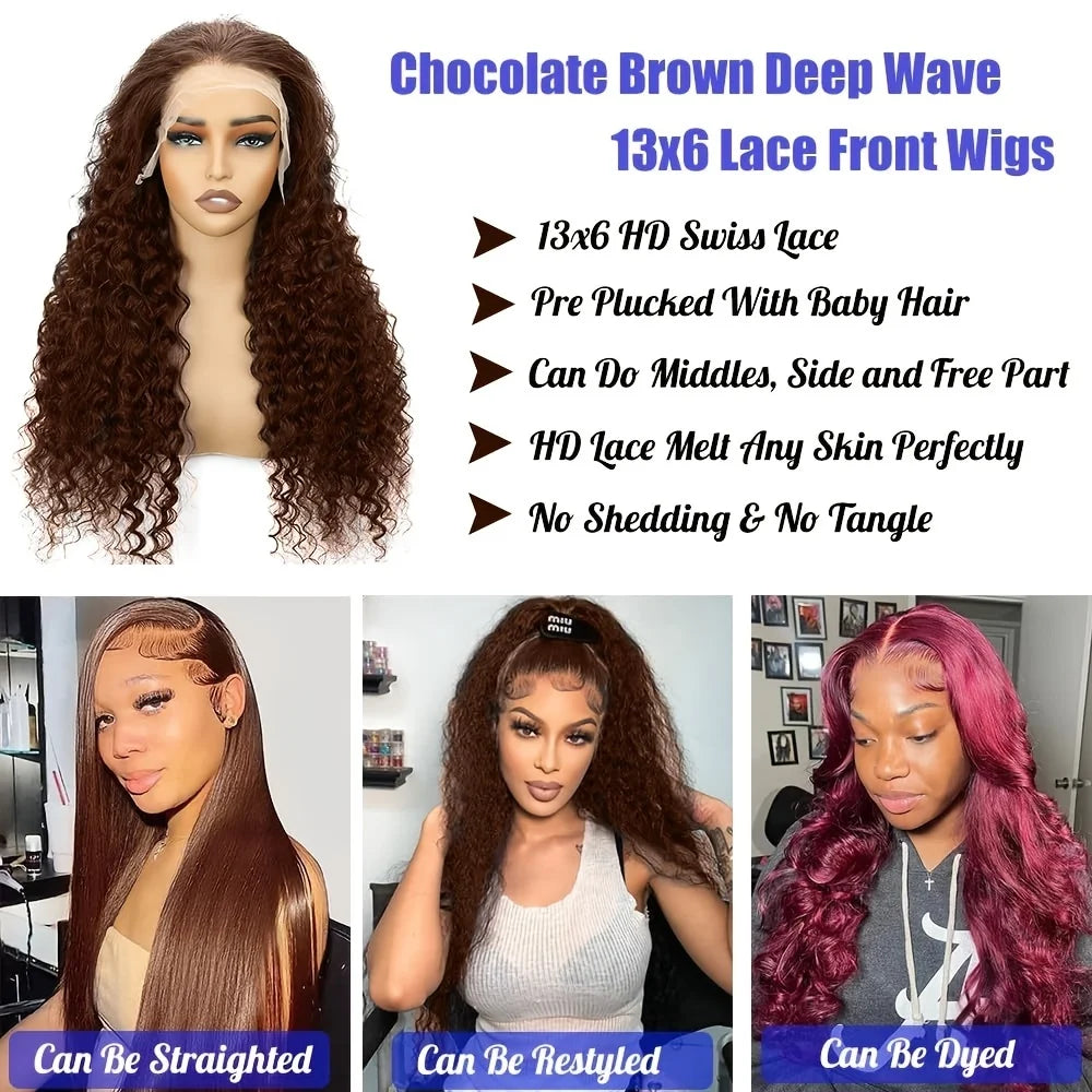 Deep Wave Chocolate Brown Lace Front Wig Wig Human Hair Water Wave 13x6 220% Density Curly Wig Human Hair Brown Wigs Pre Plucked