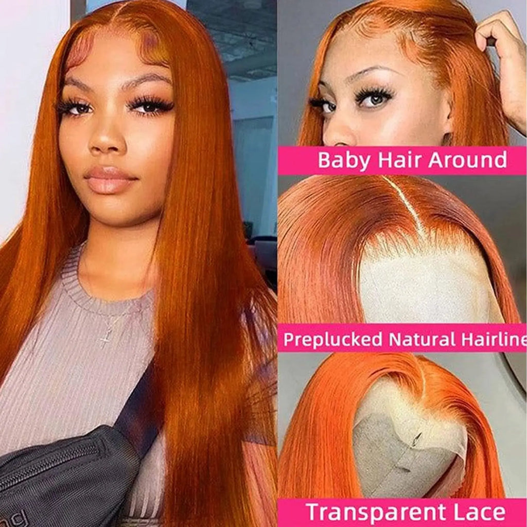 Ginger Wig Human Hair 13x4 Straight Ginger Orange Lace Front Wigs Human Hair Pre Plucked With Baby Hair 250% Density