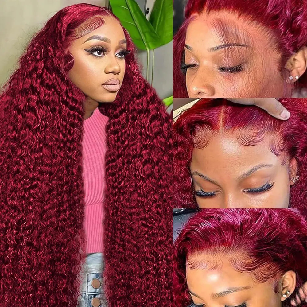 99J Burgundy 250 Density 13x4 HD Lace Front Wigs Human Hair Red Wine 30 Inch Deep Wave Brazilian Curly Glueless Lace Frontal Wig