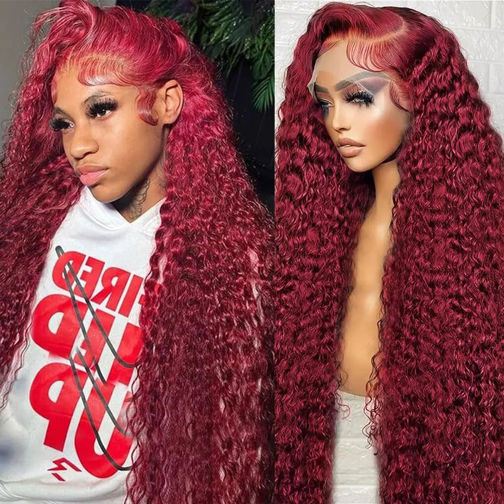 99J Burgundy 250 Density 13x4 HD Lace Front Wigs Human Hair Red Wine 30 Inch Deep Wave Brazilian Curly Glueless Lace Frontal Wig